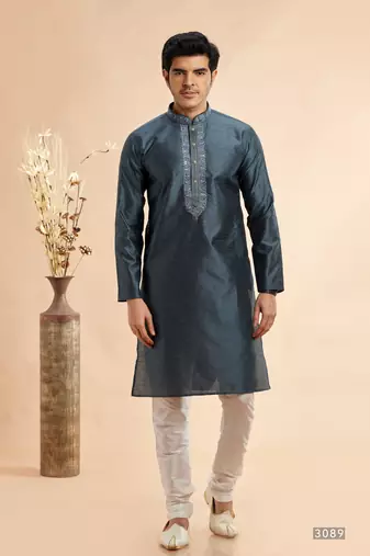 grey jaqurd art silk without lining fabric straight kurta churidar  for men