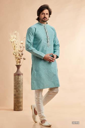 Blue jaqurd art silk without lining fabric straight kurta for men