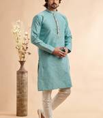 blue jaqurd art silk without lining fabric straight kurta churidar for men