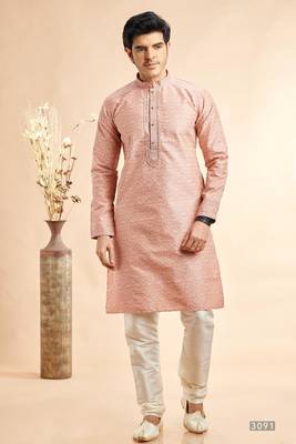 peach jaqurd art silk without lining fabric straight kurta churidar for men 1