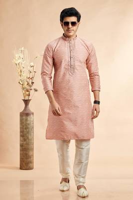 peach jaqurd art silk without lining fabric straight kurta churidar for men 2