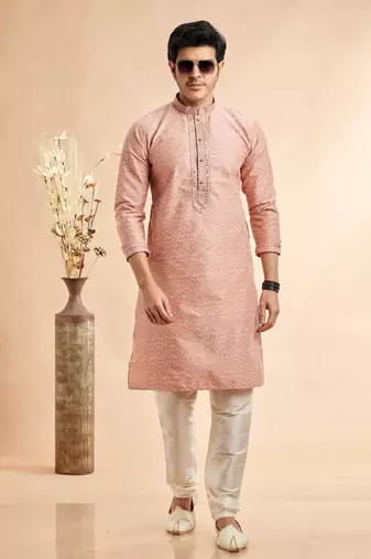 peach jaqurd art silk without lining fabric straight kurta churidar for men