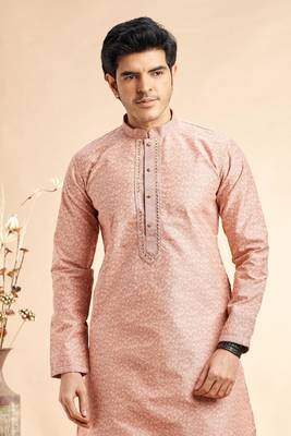 peach jaqurd art silk without lining fabric straight kurta churidar for men 3