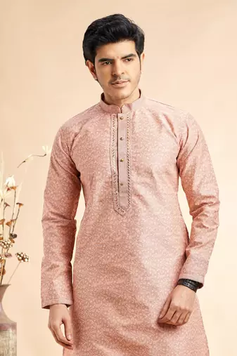 peach jaqurd art silk without lining fabric straight kurta churidar for men
