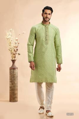 pista green jaqurd art silk without lining fabric straight kurta churidar for men 1