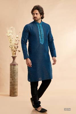 blue/black jaqurd art silk without lining fabric straight kurta churidar for men 1