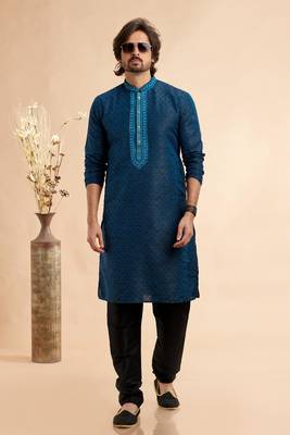 blue/black jaqurd art silk without lining fabric straight kurta churidar for men 2
