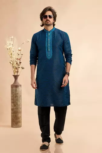 blue/black jaqurd art silk without lining fabric straight kurta churidar for men