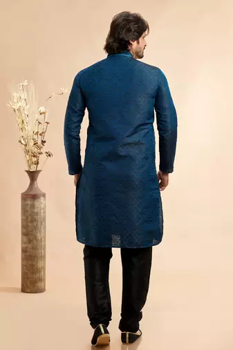 blue/black jaqurd art silk without lining fabric straight kurta churidar for men
