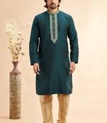 green jaqurd art silk without lining fabric straight kurta churidar for men
