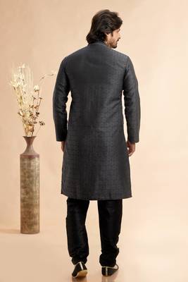 black jaqurd art silk without lining fabric straight kurta churidar for men 4