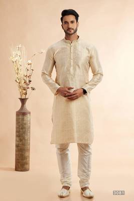 beige jaqurd art silk without lining fabric only kurta for men 1