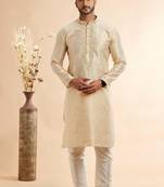 Beige jaqurd art silk without lining fabric only kurta for men