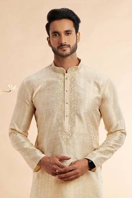 beige jaqurd art silk without lining fabric only kurta for men 3