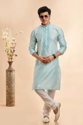 sky blue jaqurd art silk without lining fabric only kurta for men 2