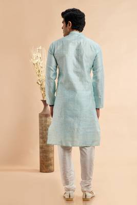 sky blue jaqurd art silk without lining fabric only kurta for men 4