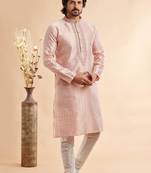 Peach jaqurd art silk without lining fabric only kurta for men