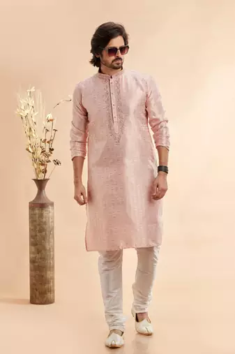 peach jaqurd art silk without lining fabric only kurta for men
