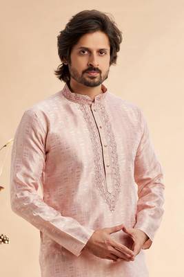peach jaqurd art silk without lining fabric only kurta for men 3