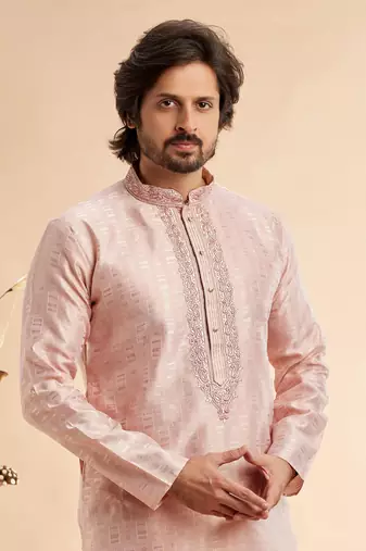 peach jaqurd art silk without lining fabric only kurta for men