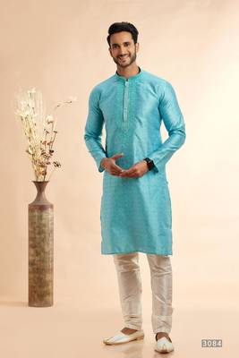 blue jaqurd art silk without lining fabric only kurta for men 1