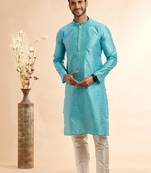 Blue jaqurd art silk without lining fabric only kurta for men