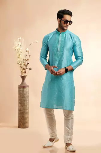 blue jaqurd art silk without lining fabric only kurta for men