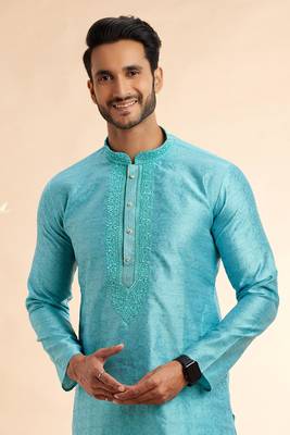 blue jaqurd art silk without lining fabric only kurta for men 3