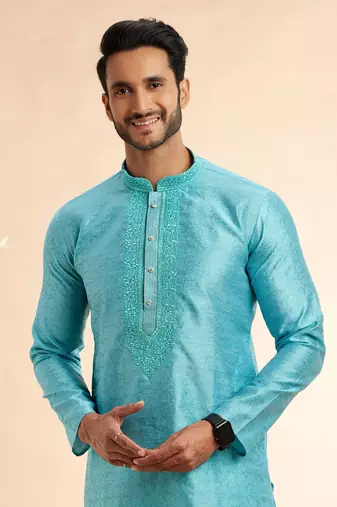 blue jaqurd art silk without lining fabric only kurta for men
