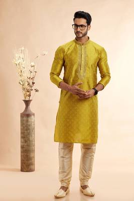 yellow jaqurd art silk without lining fabric only kurta for men 2