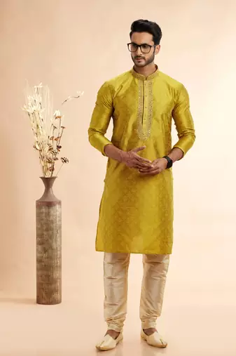 yellow jaqurd art silk without lining fabric only kurta for men