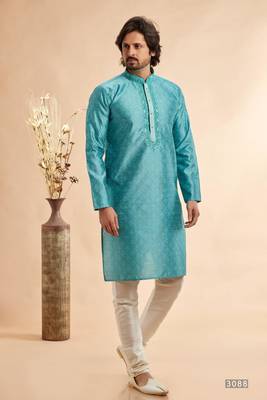 blue jaqurd art silk without lining  only kurta for men 1