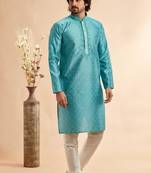 Blue jaqurd art silk without lining  only kurta for men