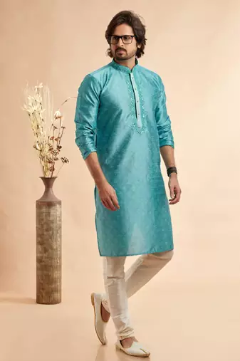 blue jaqurd art silk without lining  only kurta for men