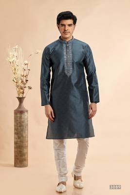 grey jaqurd art silk without lining fabric only kurta for men 2