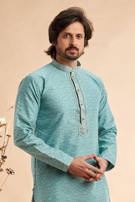blue jaqurd art silk without lining fabric only kurta for men 3