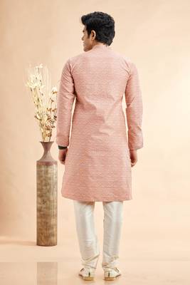 peach jaqurd art silk without lining fabric only kurta for men 4