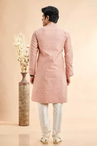 peach jaqurd art silk without lining fabric only kurta for men