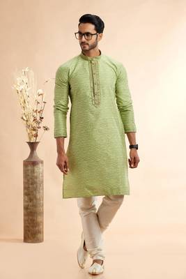 pista green jaqurd art silk without lining fabric only kurta for men 4