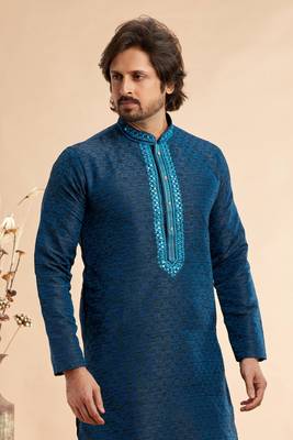 blue/black jaqurd art silk without lining fabric only kurta for men 3