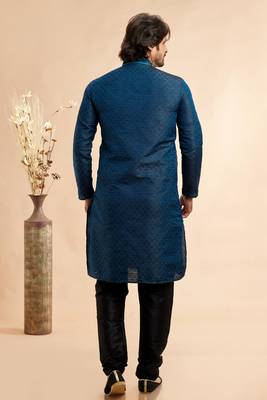blue/black jaqurd art silk without lining fabric only kurta for men 4