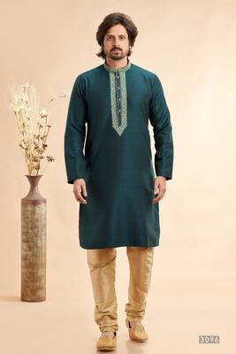 green jaqurd art silk without lining fabric only kurta for men 1