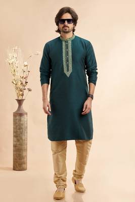 green jaqurd art silk without lining fabric only kurta for men 2