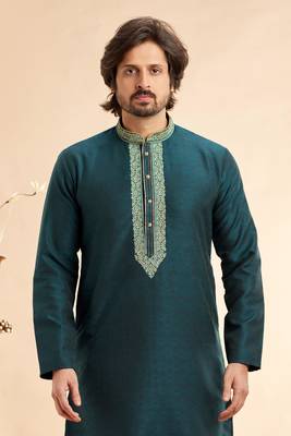 green jaqurd art silk without lining fabric only kurta for men 3