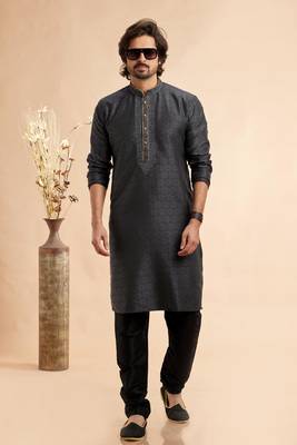 black jaqurd art silk without lining fabric only kurta for men 2