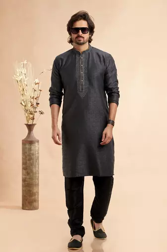 black jaqurd art silk without lining fabric only kurta for men
