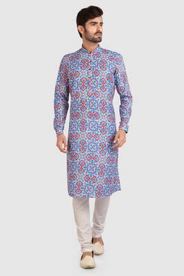 blue/multi colour cotton printed fabric without lining straight kurta churidar for men 1