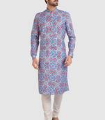 blue/multi colour cotton printed fabric without lining straight kurta churidar for men