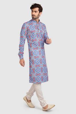 blue/multi colour cotton printed fabric without lining straight kurta churidar for men 2