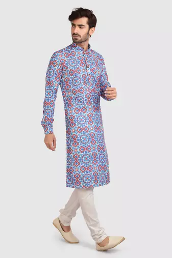 blue/multi colour cotton printed fabric without lining straight kurta churidar for men